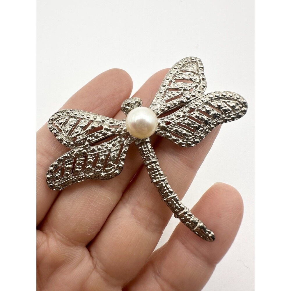Vintage Silver Field Freshwater Pearl Dragonfly Pin Brooch